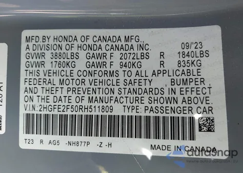 2024 Honda Civic Sport из США, поврежденный, VIN 2HGFE2F50RH511809